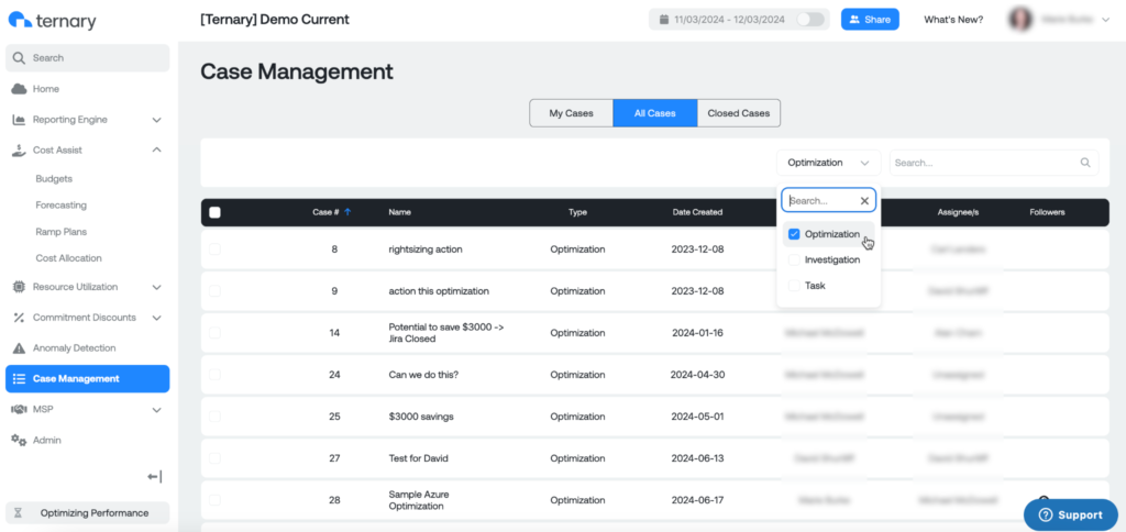 A screenshot of the Ternary Case Management UI