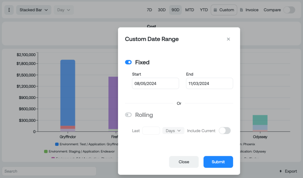 A screenshot of the Ternary Custom Date Range selector