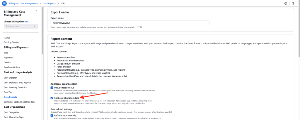 A graphic showing split cost allocation data enablement in the AWS console