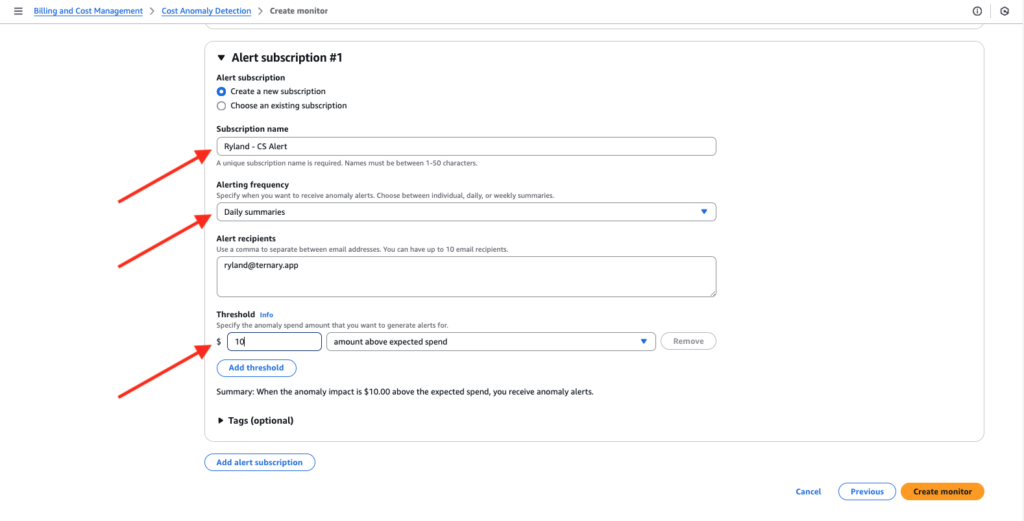 A screenshot showing how to set AWS anomaly alert subscription parameters.