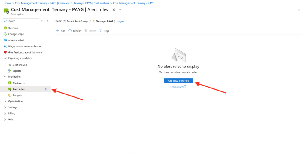 A screenshot showing how to configure alert rules in Microsoft Azure.