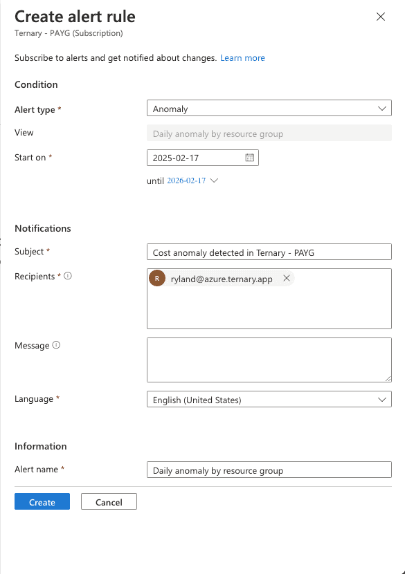 A screenshot showing how you can configure details of an alert rule in Microsoft Azure.