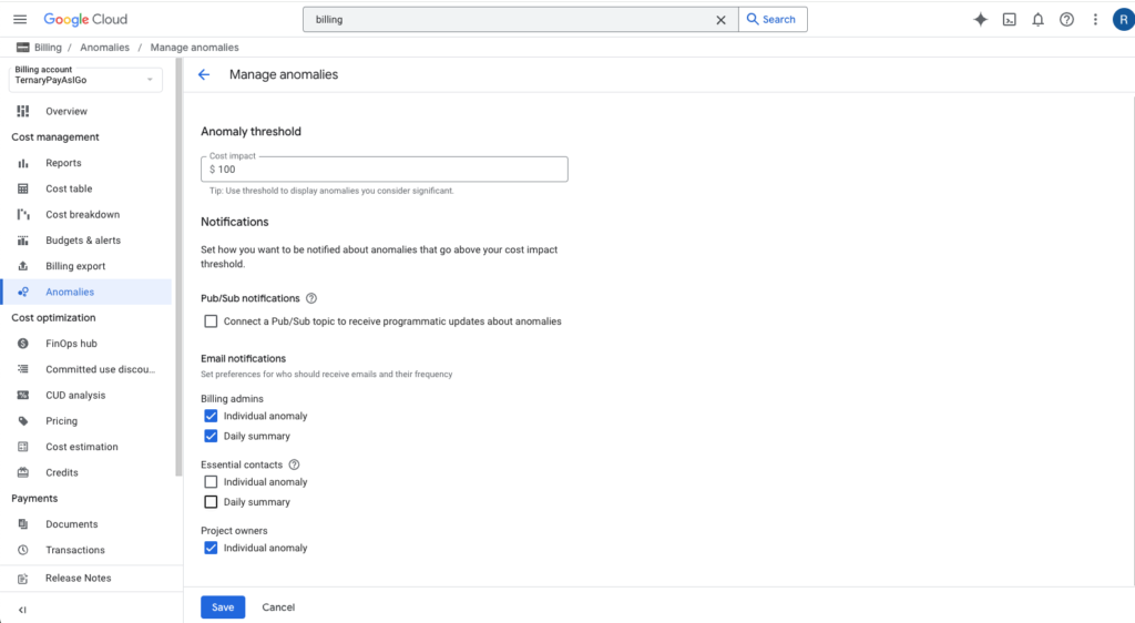 A screenshot showing options for customizing anomaly alert rules in Google Cloud.