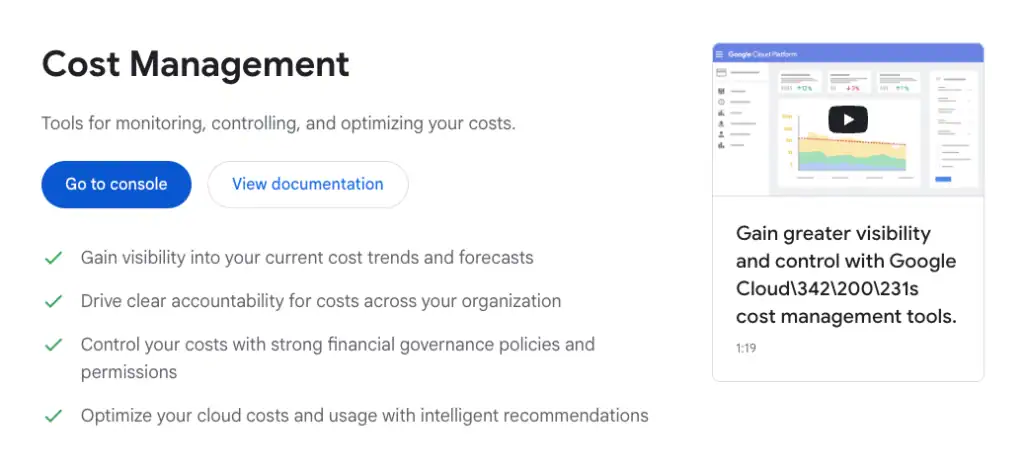 Google Cloud Cost Management website snippet