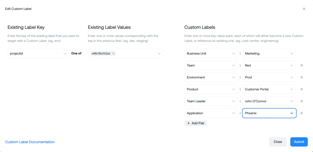 A view of Ternary's cloud cost labels feature, which allows you to access insights about your spend starting on day one.
