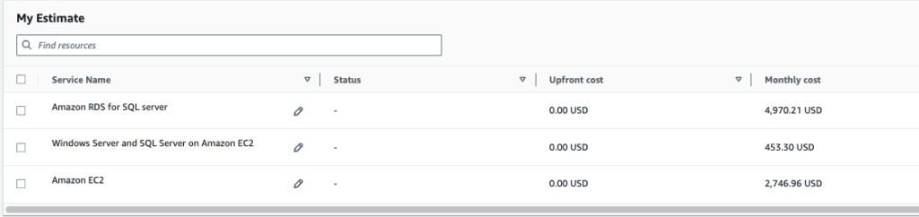 Estimates from the AWS Cost Calculator, comparing Amazon RDS for SQL Server, Amazon EC2 with license included for SQL Server, and Amazon EC2 BYOL for SQL Server.