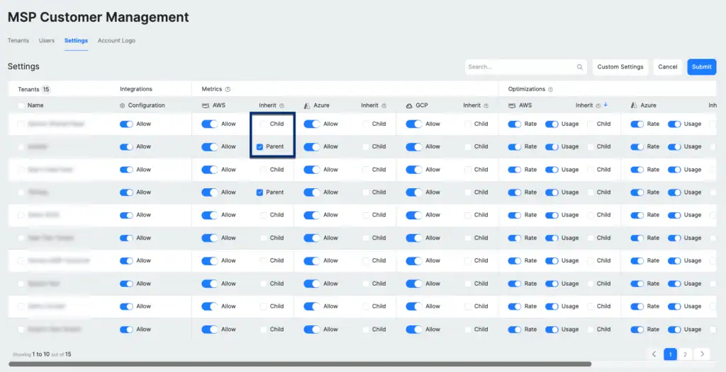 Updated MSP Customer Management settings