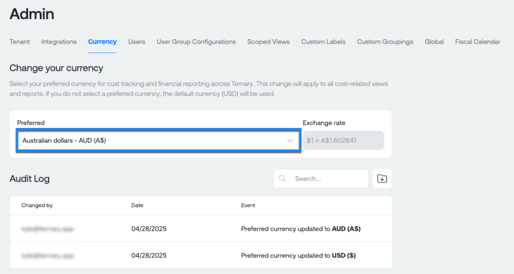 The Admin settings for selecting a preferred currency.