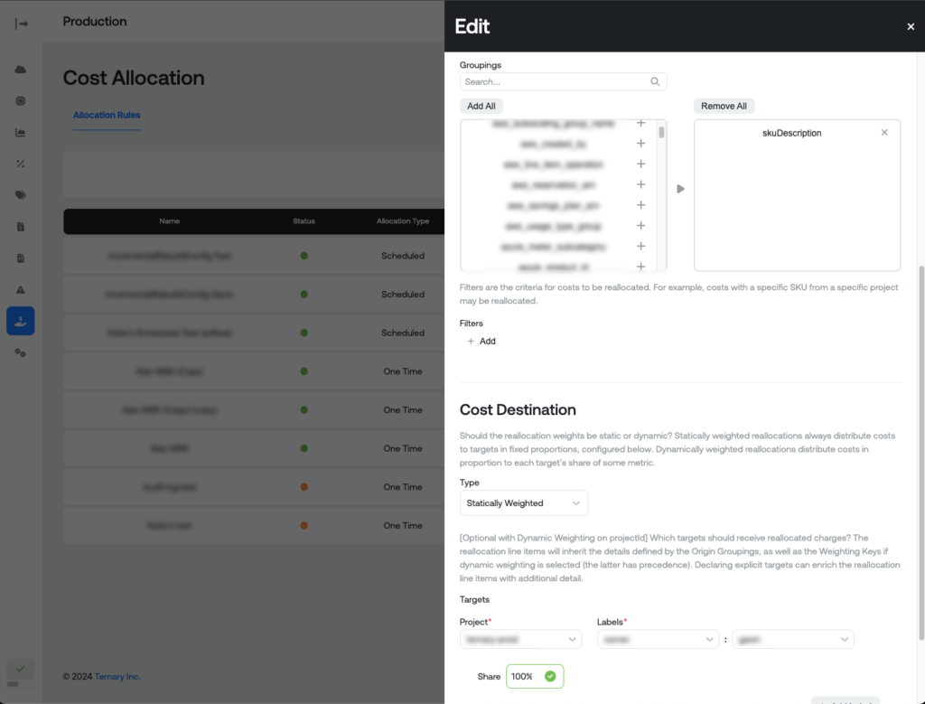 A screenshot of the Ternary UI, showing how users can configure our platform’s cost allocation feature.